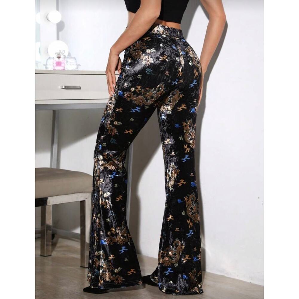 Black Velvet Dragon Print Bell Bottom Pants Festival Y2K Boho Witch Flare - Picture 7 of 10
